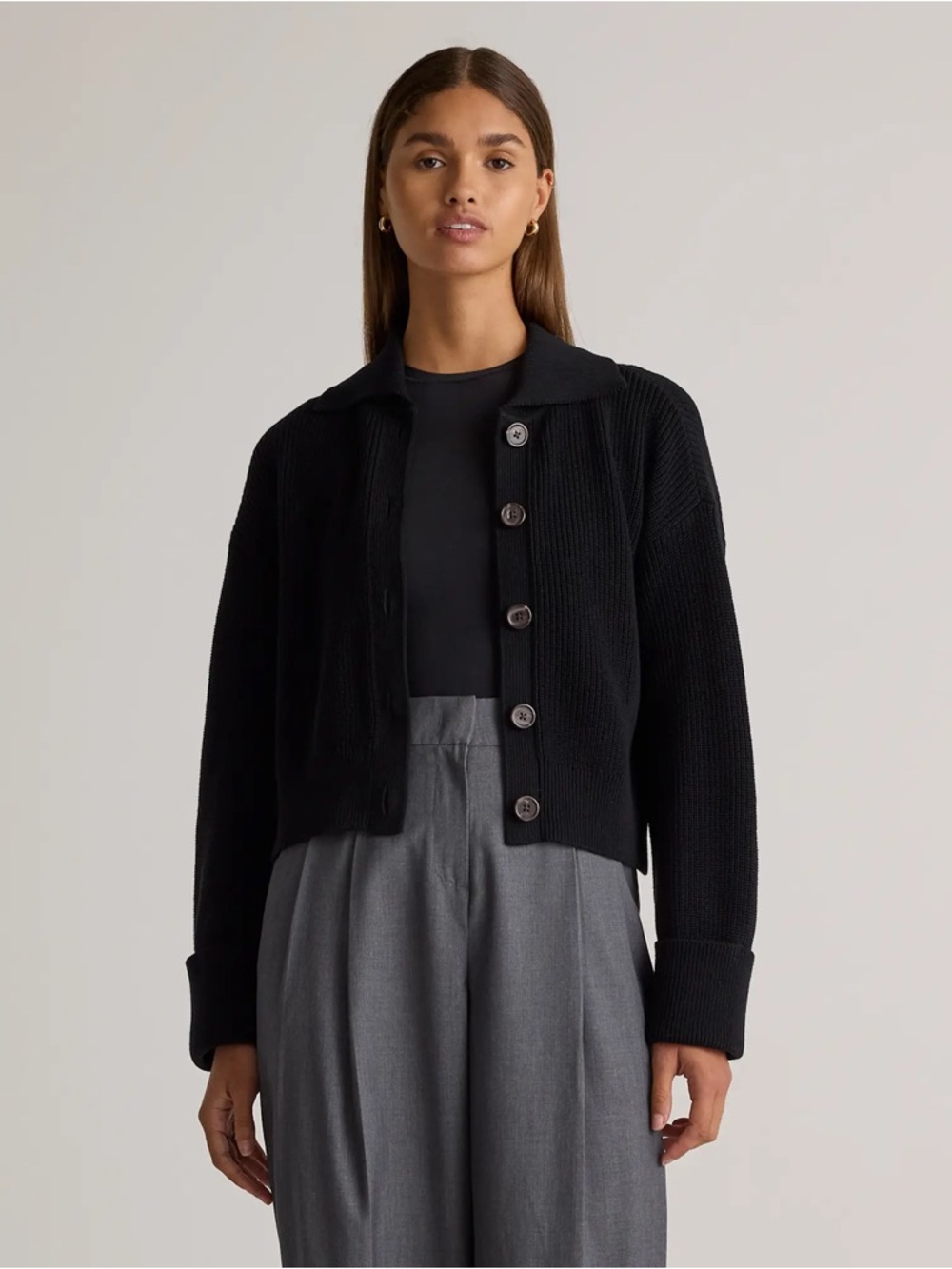 Quince Black Button-Front Ribbed Collared Sweater - Picture 7 of 11